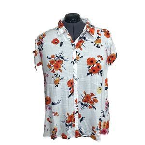 Lane Bryant White & Orange Floral Ruched Short Sleeve Top Sz 16